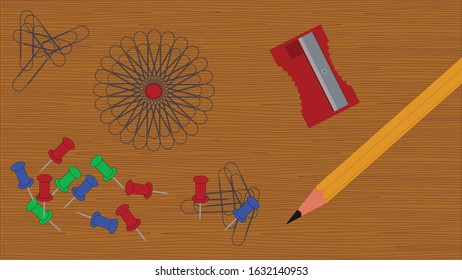 A vector image of a desk scene with paperclips fanned in a spiral pinned with a tack, a pencil and sharpener and more paperclips.  Created on a wood surface and in layers and groups for easy Isolation
