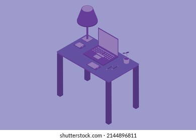 vector image of a desk workspace including a laptop computer lamp pencils two smartphones and a small plant over a blank background