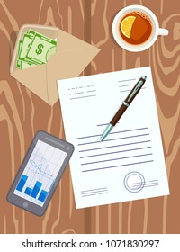 Vector image of desktop with business papers, money in an envelope, pen, mobile phone on wooden background. Concept of signing contract, carrying out bribe, business papers, estimates, issuing wages.