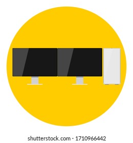 Vector image of a desktop computer with two external monitors in a flat style. Personal computer isolated on background. Workstation. Minimalistic look.