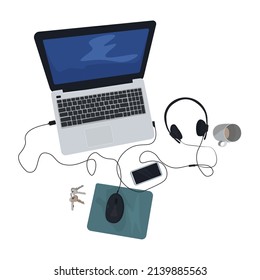 Vector image of a desktop with a laptop, phone, headphones and keys on it, viewed from above on a white background