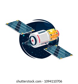 Vector image of a detailed space satellite against the background of the cosmos and the planet