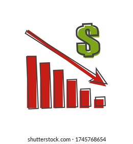 Vector image diagram of decline, recession. Icon financial crisis. Drop in sales cartoon style on white isolated background.