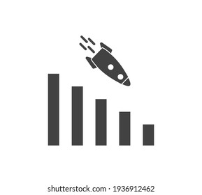 Vector image diagram of decline with rocket, recession. Icon financial crisis. Drop in sales on white isolated background.