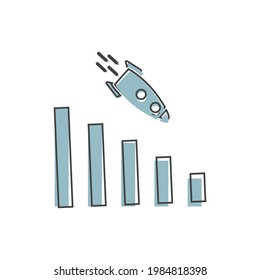 Vector image diagram of decline with rocket, recession. Icon financial crisis. Drop in sales on white isolated background.