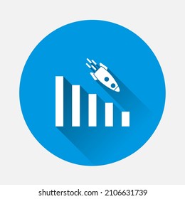 Vector image diagram of decline with rocket, recession. Icon financial crisis. Drop in sales icon on blue background. Flat image with long shadow.