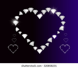 Vector image with diamonds of different sizes in the form of hearts on a dark background with glitter and light effects.