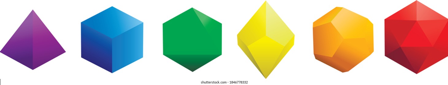 vector image of dice with four, six, eight, ten, twelve and twenty faces in different colors