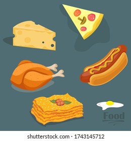 Imagen vectorial de diferentes alimentos. Set de comida rápida. Toda la comida.