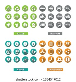 Vector image. Different groups of solid icons. Finance, ecology, transport and communication buttons.