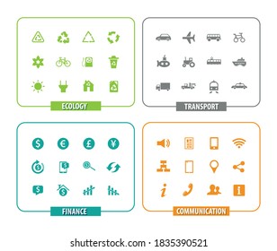 Vector image. Different groups of solid icons. Finance, ecology, transport and communication buttons.