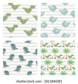 Vector image. Different modular decorated patterns. Fun dinosaur patterns for kids.