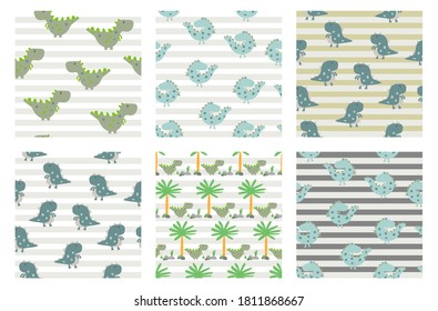 Vector image. Different modular decorated patterns. Fun dinosaur patterns for kids.