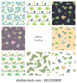 Vector image. Different modular decorated patterns. Fun dinosaur patterns for kids.