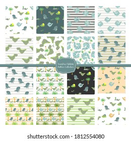 Vector image. Different modular decorated patterns. Fun dinosaur patterns for kids.
