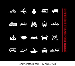 Vector image. Different transport icons. White basic solid icons.