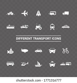Vector image. Different transport icons. White basic solid icons.