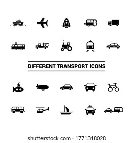 Imagen vectorial. Diferentes iconos de transporte. Iconos sólidos básicos.