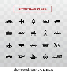 Vector image. Different transport icons. Basic solid icons.