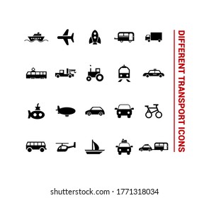Vector image. Different transport icons. Basic solid icons.