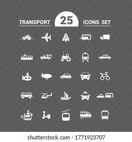 Vector image. Different transport icons. White basic solid icons.