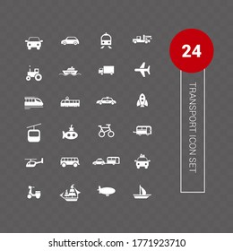 Vector image. Different transport icons. White basic solid icons.