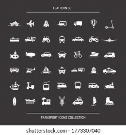 Vector image. Different transport icons. White basic solid icons.