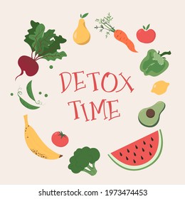 Vector image of different vegetables and fruits on a light background: watermelon, banana, tomato, broccoli, peas. Caption: Detox Time. Poster or cover. Cartoon flat illustration.