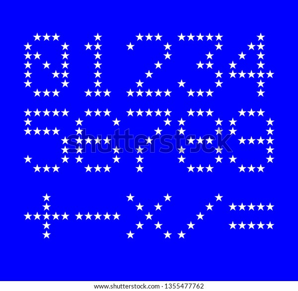 vector image, digital character 0123456789\
and algorithmic symbols +-*/= written in led-like star(pentangle)\
formed font, filled white with blue background color, same as the\
color of the\
STAR-SPANGLE