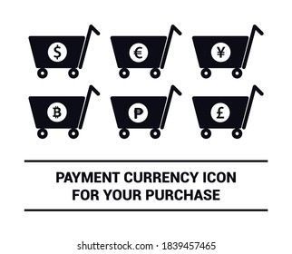 Imagen vectorial. Iconos de compra de medios digitales. Diferentes tipos de moneda.