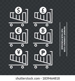 Vector image. Digital media purchase icons. Different types of currency.