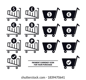 Vector image. Digital media purchase icons. Different types of currency.