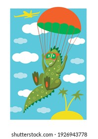 Vector image of an dinosaur on a parachute