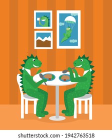 vector image of dinosaurs at the table during lunch