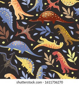 Vector image of diplodocus, tyrannosaurs, stegosaurs and pteranodons among circles and twigs on a dark background. Seamless background for textile and wrapping paper.