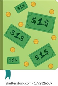 Vector image of a dirty green Notepad with the image of a dollar and a cent. 10 EPS