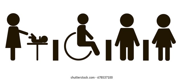 Vector image of disabled person, Male, female toilet and room for mother and child