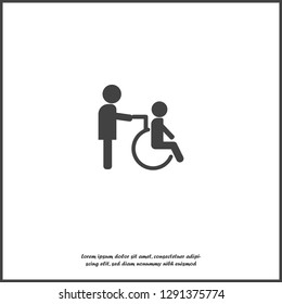 Vector image of disabled person. Disabled with nurse.  Wheelchair icon. Vector white icon on white isolated background. Layers grouped for easy editing illustration. For your design. 