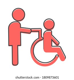 Vektorbild von Behinderten. Eingeschränkt durch Krankenschwester. Rollstuhl-Symbol-Cartoon-Stil auf weißem, isoliertem Hintergrund.