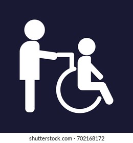 Vector image of disabled person. Disabled with nurse.  Wheelchair icon. Vector white icon on dark blue background.