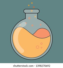 vector image of dishes, flasks, glass cups, test tubes. Chemical glassware. Test tube with orange liquids, potion. Chemistry, education, medicine, laboratory. Chemical reactions, mixing process