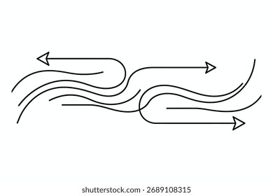 Imagem vetorial exibindo a direção do fluxo de ar com setas. Conceito de corrente de vento e movimento em estilo abstrato. Ícone de movimento aéreo definido em branco.