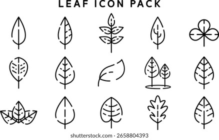 Vector image displaying a set of simple black line icons depicting different leaf styles, perfect for eco-friendly designs, nature themes, and minimalistic conceptual illustrations.