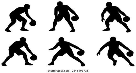Vector image displaying six silhouettes of basketball players performing dribbling actions, emphasizing dynamics and athleticism