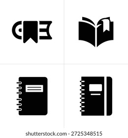 La Imagen de Vector muestra cuatro íconos en blanco y negro con un libro abierto con un marcador, una taza de café y cuadernos encuadernados en espiral sobre fondo transparente.