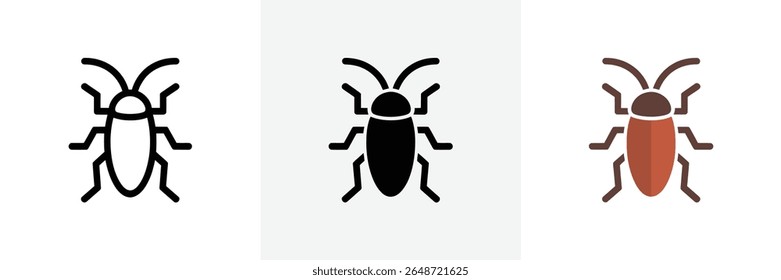 The vector image displays three beetle icons presented in different styles; a clean black outline, a solid black filled form, and a brown color filled rendition, all on white.