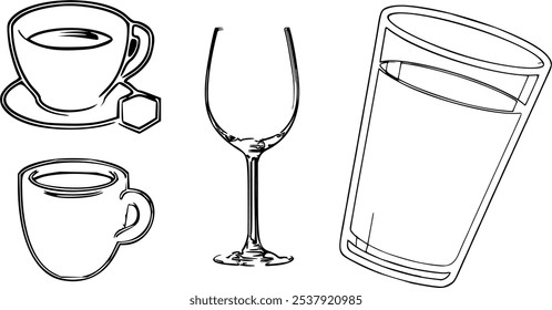 Das Vektorbild zeigt verschiedene Arten von Gläsern, darunter Weingläser, Becher, Tumbler und Teetassen, die jeweils einzigartig gestaltet sind. Ideal für Grafiken zum Thema Getränke und kulinarische Illustrationen