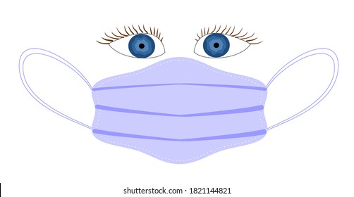 Vector image of a disposable medical mask that protects against viruses and infections, and blue eyes over the mask