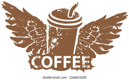 Vector image with a disposable paper coffee cup with straw and wings on a light background in grunge style. Creative abstract banner on the theme of coffee and coffee house