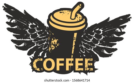 Vector image with a disposable paper coffee cup with straw and wings on a light background in grunge style. Creative abstract banner on the theme of coffee and coffee house